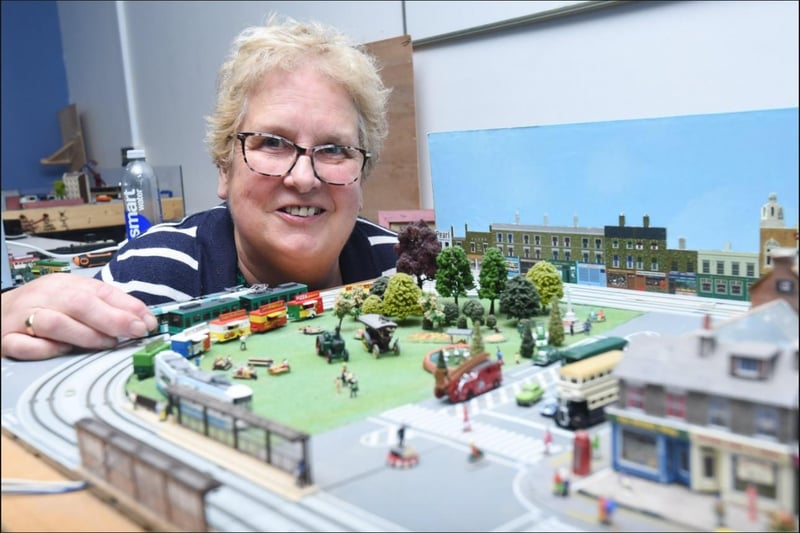 Enthusiast Sally Jones with a model layout.