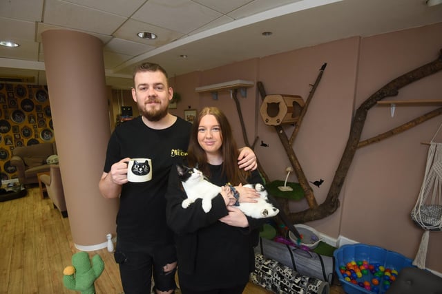 Rick Marsh and Katie Buchanan opened Cafe Meow in Birley Street. It's Blackpool's first cat cafe - a place where customers can enjoy a coffee or light meal in cat themed surroundings and in the presence of some friendly cats