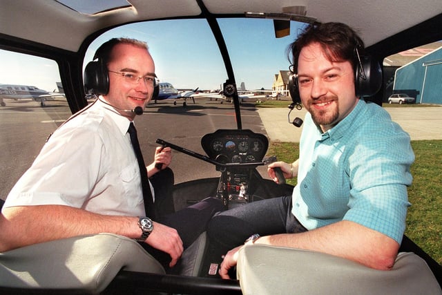 Brothers Martin (right) and Simon Fletcher at Heli 2000, Blackpool Airport. Martin had just passed his solo helicopter test and Simon was his instructor
