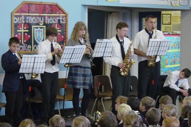 Part of the Lytham concert band in action at Heyhouses C of E School, St. Annes. Pictured from left to right are: Matthew Clare, Richard Leigh, Katherine Neill, Nick Little, and Andy Cole
