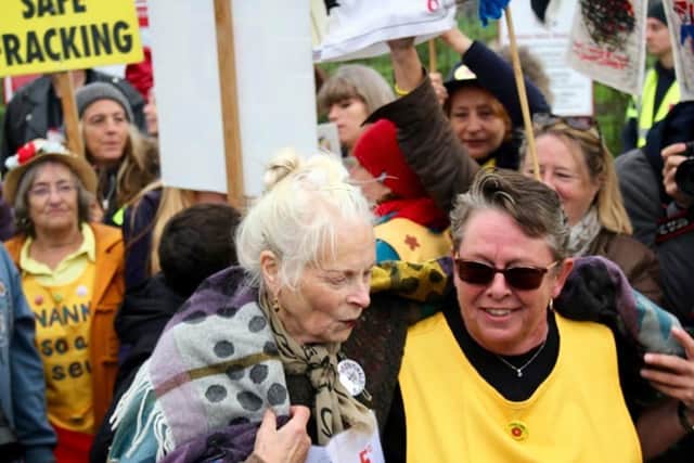 Nanas Against Fracking member dances with Dame Vivienne Westwood at Preston New Road fracking site.