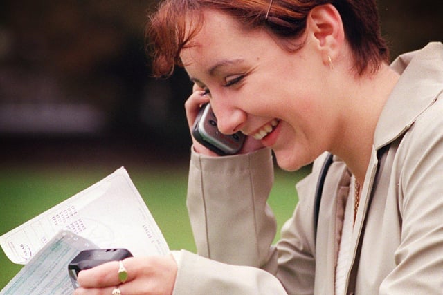 Sam Donnelly phones home with her results - 1999 at Hodgson High School