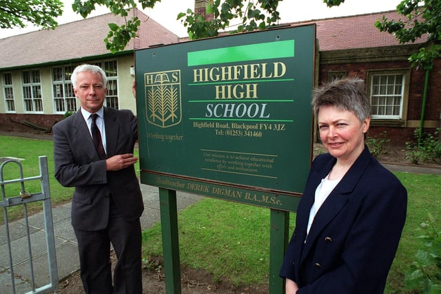 Noel Read and Rona Blanchard outside the school in 1997