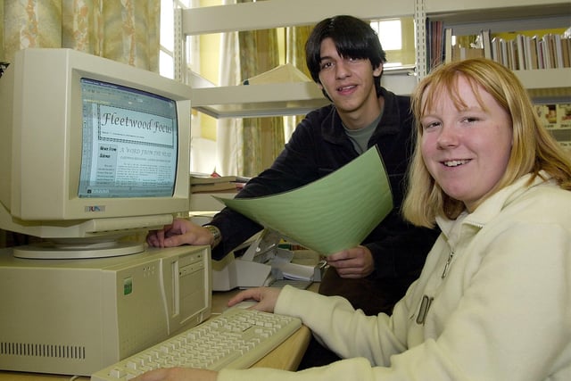 Fleetwood High school 6th form pupils Christine Cass and David Mummery working in the IT suite at the Beach Road site, 1999