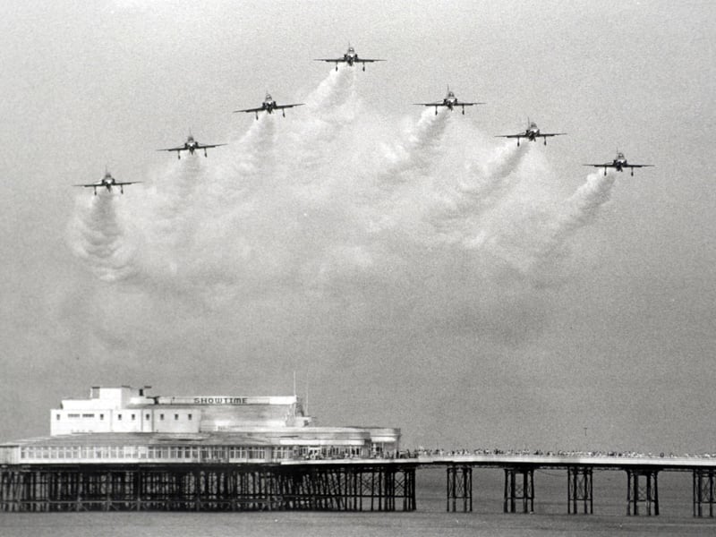 The Red Arrows fly over Blackpool's North Pier 1989