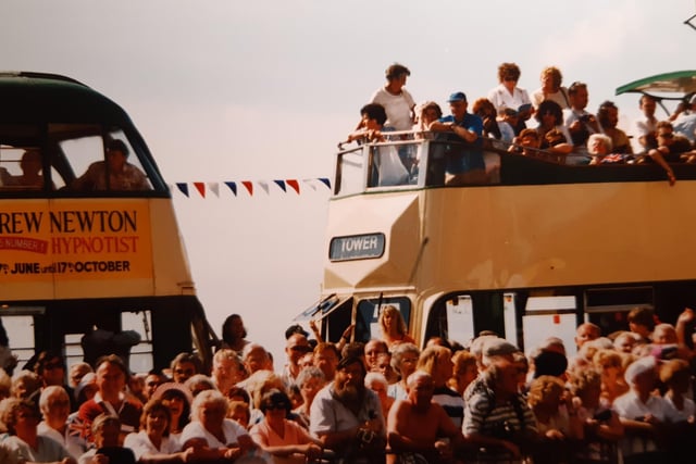 Trams paused to take in the scene when the Queen arrived at Blackpool Tower, 1994