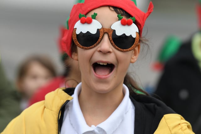 The Christmas pudding specs were just part of the attire for this pupil during the Elf Run at Chaucer School, Fleetwood.  Photo Neil Cross;