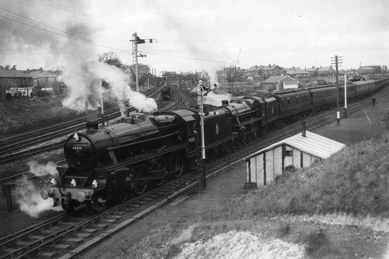 Driver J J Featherstone was at the control as the Royal train, with King George VI, Queen Elizabeth and Princess Margaret on board, leaves the Poulton siding where it had spent the night, 1951