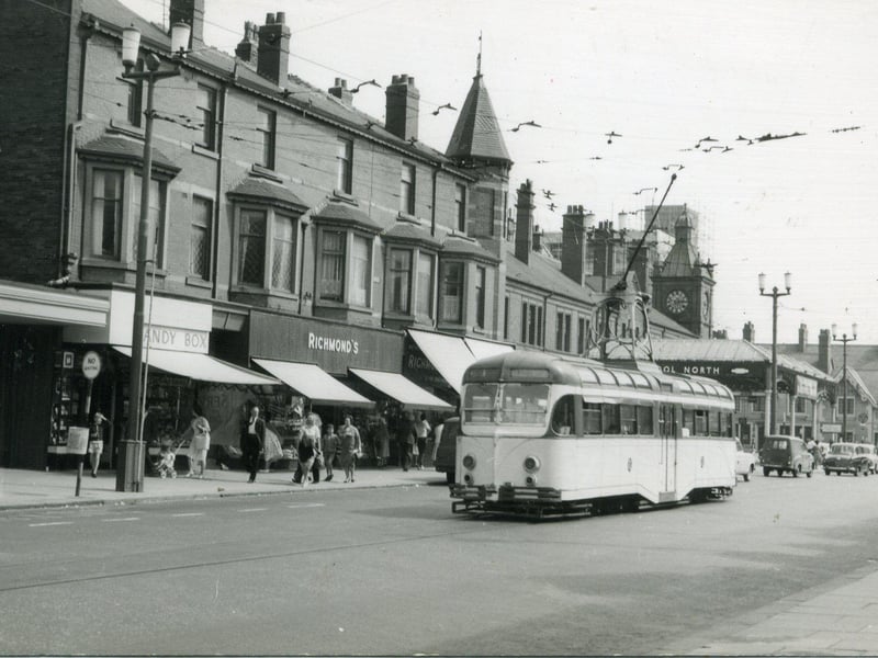 Dickson Road loooking towards Talbot Road in the 1960s. The Talbot Hotel can be seen on the far right and Blackpool North railway station can be seen behind the tram. The canopy of the Odeon Cinema can be seen on the far left