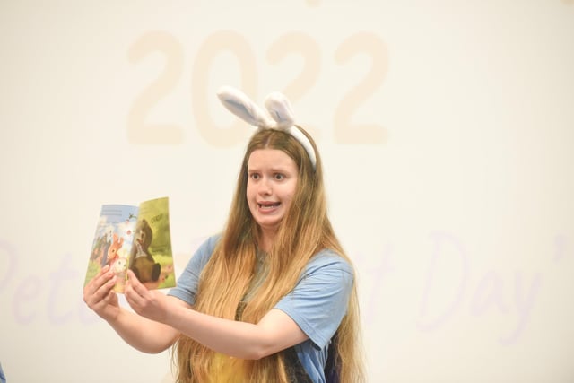 Youngsters at Westminster Primary School in Blackpool are shown some of the famous books about Peter Rabbit during the furry character's visit to the school