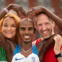A waxwork of Sir Mo Farah on the Comedy Carpet with his Great North Run kit to mark his final competitive race.  He is pictured with Steve Dunn from Blackpool, Wyre & Fylde Athletic Club and Linda Chadderton from Lytham St Annes Road Runner Club, who are both taking part in the GNR too..