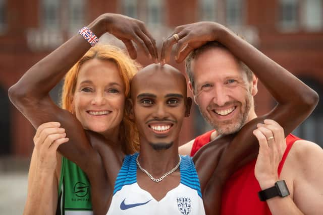 A waxwork of Sir Mo Farah on the Comedy Carpet with his Great North Run kit to mark his final competitive race.  He is pictured with Steve Dunn from Blackpool, Wyre & Fylde Athletic Club and Linda Chadderton from Lytham St Annes Road Runner Club, who are both taking part in the GNR too..