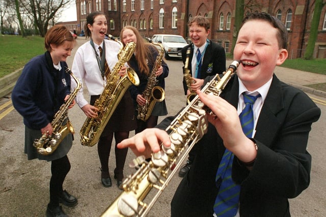 Looks like they had the giggles in this one! Saxophonists Michael Young (front) with Katie Taylor, Sarah Basterfield, Tara Hassett and Andrew Taylor