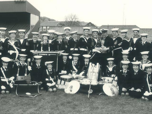 The Fleetwood Sea Cadet Band at Old Highbury Football Ground with Drum Major Steve Hanvey and bandmaster Dennis Archbold