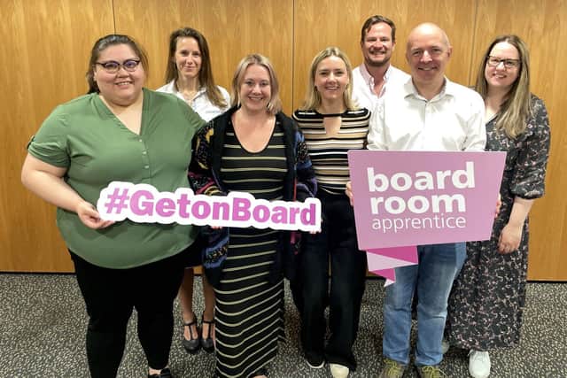 (L-R) Jennifer McMahon, Veronika Toth, Becky Reid, Lou Welham, Fred Sworder, Rodrigo Voss, Nicola Ch. Photo: Courtesy of UK Boardroom Apprentice