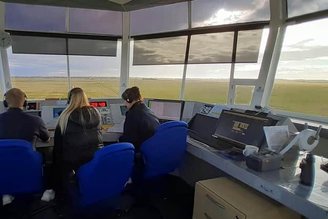 The air traffic control tower at Blackpool Airport