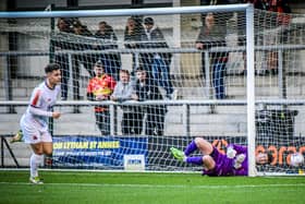 Nick Haughton heads in AFC Fylde's second of the game. Photos: Steve McLellan