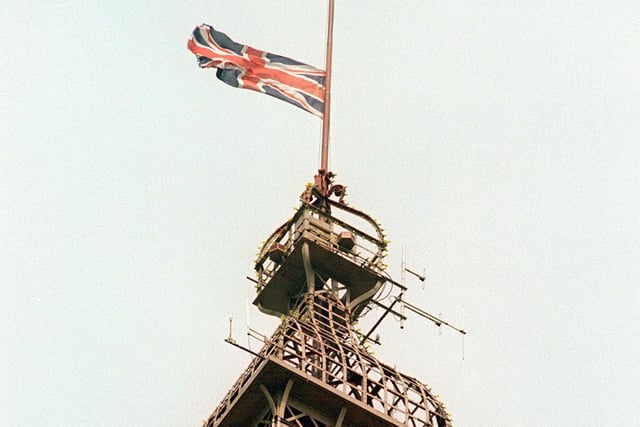 The Union Jack flew at half-mast on top of Blackpool Tower