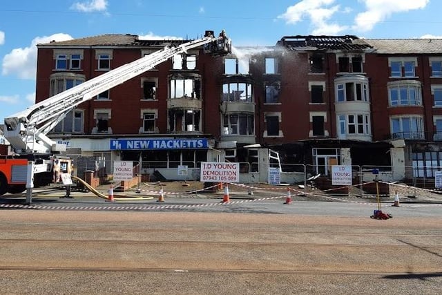 Firefighters continue to work to control the devastating blaze at New Hacketts Hotel on Blackpool promenade. Photo by Dan Martino