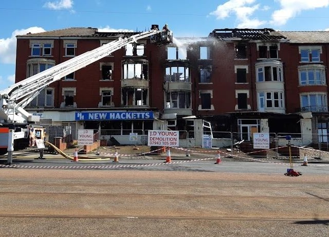 Firefighters continue to work to control the devastating blaze at New Hacketts Hotel on Blackpool promenade. Photo by Dan Martino