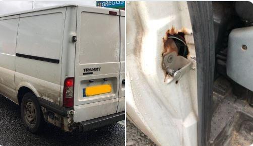 This Ford Transit was stopped at Forton Services.
An inspection showed that it had a severely under-inflated nearside front tyre and the front anti-roll bar was detached to the nearside.
The drivers door latch was also slightly corroded. It was placed under immediate prohibition.