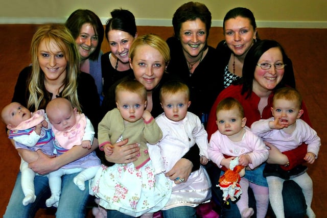 Twins group at Baines Childrens's Centre, Marton. Back (from left): Patsy Killeen (volunteer), Angela Cregan, Elaine Rankin (Home Start manager, Blackpool South), Vanessa Holmes. Front (from left): Loretta Wallace (with Milly and Poppy), Laura Laity (with Alyssa and Tiegan), and Sandra Dean (with Kenzie and Leah)