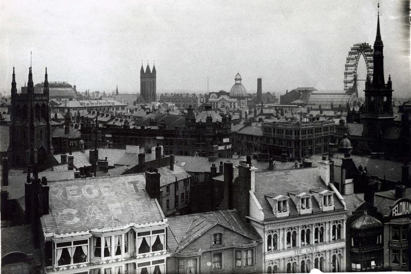 The Big Wheel can be seen to the far right in the distance. Another feature you would not see today is the spire on the Town Hall building. Many of the properties have since been demolished and redeveloped but St John's Church and the distinctive tiled frontage of the Winter Gardens remain. What a superb picture - this was the skyline of our beloved town one hundred years ago...