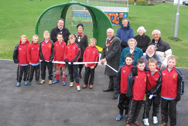 Dignitaries and local children gather for the opening of a youth shelter at Blackpool Road Playing Fields, St Annes