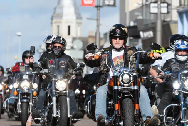 Bikers on Harley-Davidsons ride ouside the Winter Gardens in Blackpool for the launch of the Bat Out Of Hell Musical.  Photo: Kelvin Stuttard