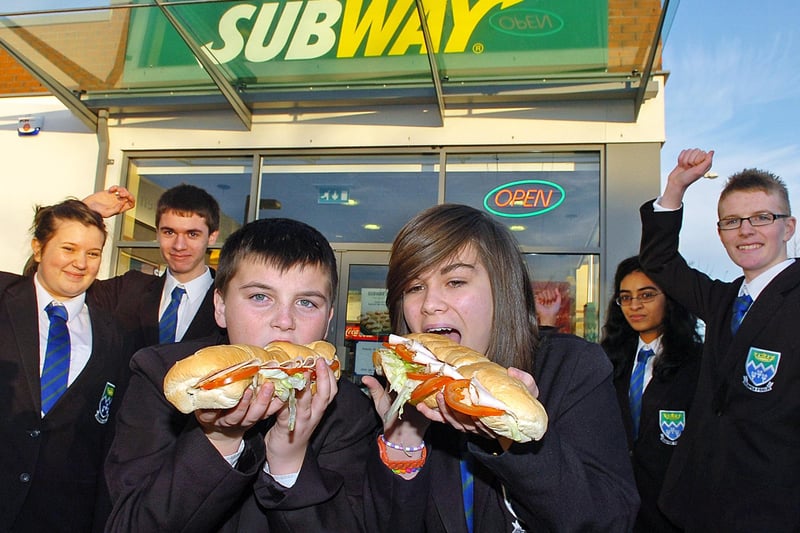 St Mary's Catholic High School (Blackpool) pupils try out their competition winning "shop and drop" sandwich at the Poulton le Fylde branch of Subway. From left, Emma Mansfield, Michael James, Joe Campbell, Megan Weaver, Merin Thankachan and Jordan Taylor