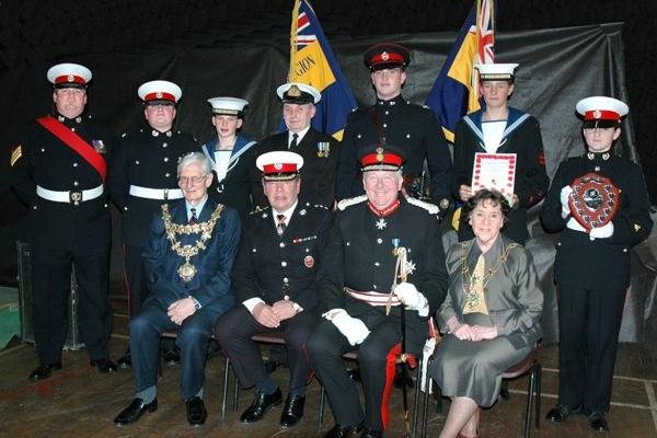 Lytham St Annes and Fylde Sea Cadet Unit won a prestigious award for the part they played in raising a record amount of money to help ex-service men and women in Lancashire. Councillor Ron Wilson, Mayor of Fylde, Colonel Sir David Trippier, Lancashire County President of The Royal British Legion, Lord Shuttleworth, Lord Lieutenant of Lancashire, Councillor Mrs Hilda Wilson, Mayoress of Fylde, Mr Spencer Leader, Poppy Appeal Organiser, Lytham St Annes 
Standing:  Sgt Mark Whatmough, MC2 Kerrith Black, OC Charles Cook, Lt Commander Clive Shelton, Sea Cadet Regional Commander, Cadet RSM Alexander O’Neill, The Lord Lieutenant’s Cadet, OC Martin Pye, MC Ashley Black, 2006