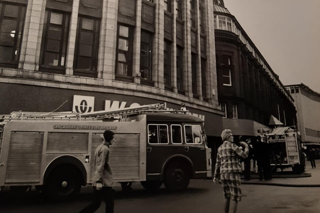 The Woolworths succumbed to a fire in November 1978 - fire engine at the scene in Bank Hey Street
