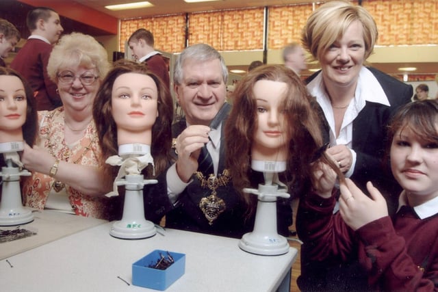 Blackpool Mayoress Council Sylivia Taylor, Mayor Coun Ivan Taylor, with Karen Evans of Blackpool and the Fylde College and Palatine High School pupil Nicole Watters at the modern apprentice roadshow, 2003