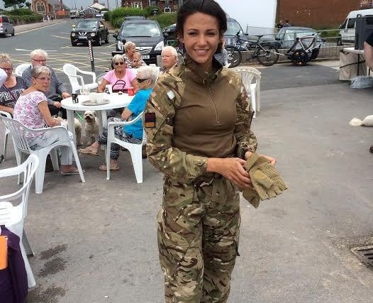 Michelle Keegan takes a break while filming in Fleetwood for drama series Our Girl, 2016