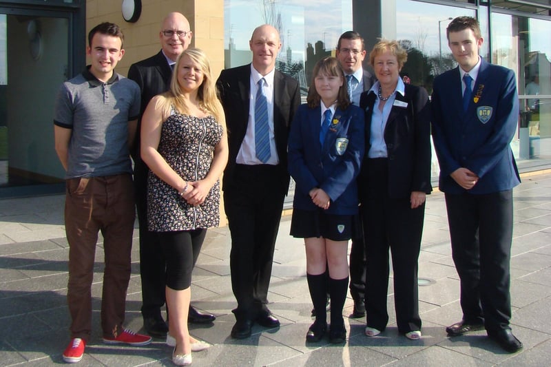 Hodgson Academy was working with Blackpool Sixth Form as it became a designated teaching school.
George Canning (Blackpool Sixth Student Governor), John Boyle (Blackpool Sixth Chair of Governors) Georgie Toft (Blackpool Sixth Senior Student), Tony Nicholson (Head of Hodgson Academy), Gemma Collins (Year 11 pupil at Hodgson Academy), Keith Ryder, Felicity Greeves (Principal of Blackpool Sixth), Richard Jefferson (Year 11 pupil at Hodgson Academy).