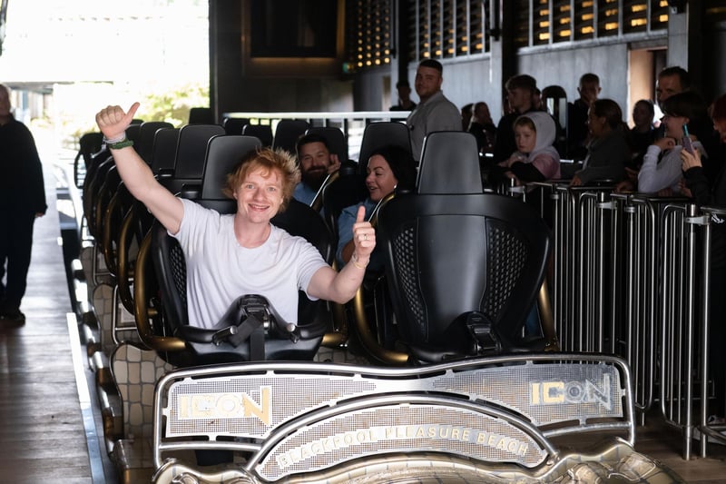 The Ed Sheeran lookalike takes on ICON. The star was seen enjoying a day out on the park, even receiving VIP treatment as he rode at the front on popular rides ICON and The Big One. (Picture by Dan Oxtoby Photography)