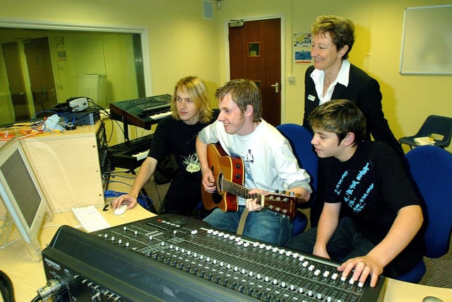 Opening of the Holland Centre at Blackpool Sixth Form College in 2004.  College principal Felicity Greeves watching students at work in the main recording studio. From left, Chris Williams, Phil Simpson and Sam Hocking