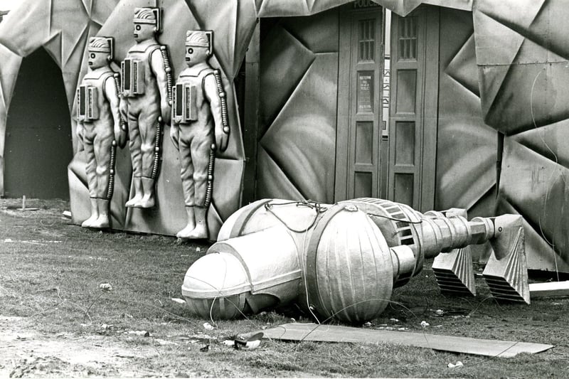 Doctor Who tableaux in the process of being dismantled on the Promenade at Bispham in 1982
