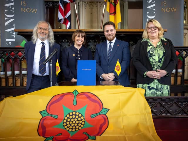 At the signing of Lancashire's devolution deal at Lancaster Castle in November: [from left] Blackburn with Darwen Council leader Phil Riley, Lancashire County Council leader Phillippa Williamson, Levelling Up Minister Jacob Young and Blackpool Council leader Lynn Williams after the devolution deal was signed at Lancaster Castle (image: Martin Bostock Photography)