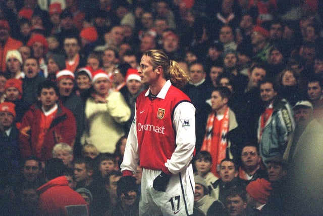Action from FA Cup third round match between Blackpool FC and Arsenal in 1999. Pic shows the Seasiders fans giving Emmanuel Petit a bit of stick
