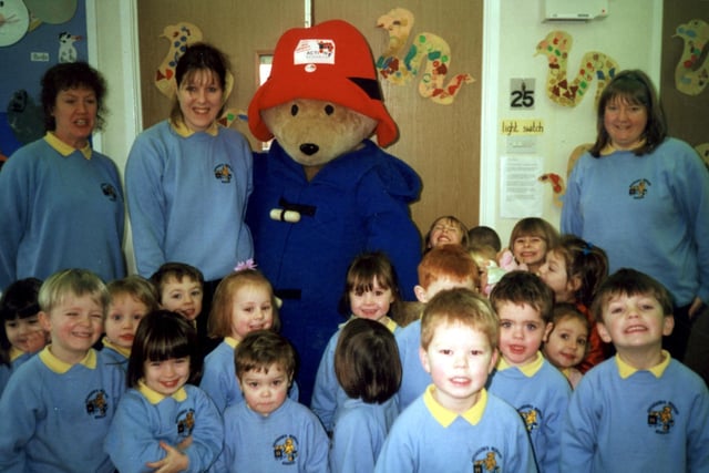 Paddington Bear on his visit to Heyhouses C.E. Nursery School to celebrate their Ofsted Report success in 2001