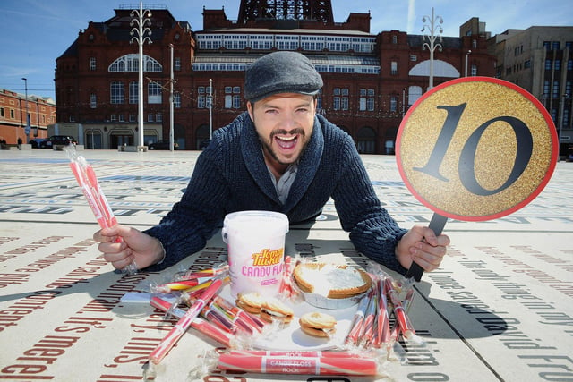 Blue Peter presenter Barney Harwood officially unveiled Blackpool Tower's first official rock following a competition between three flavours- Custard Pie, Candy Floss and Viennese Wurlitzer. Barney is pictured  on the Comedy Carpet with the three competing flavours, back in May 2017.  PIC BY ROB LOCK
