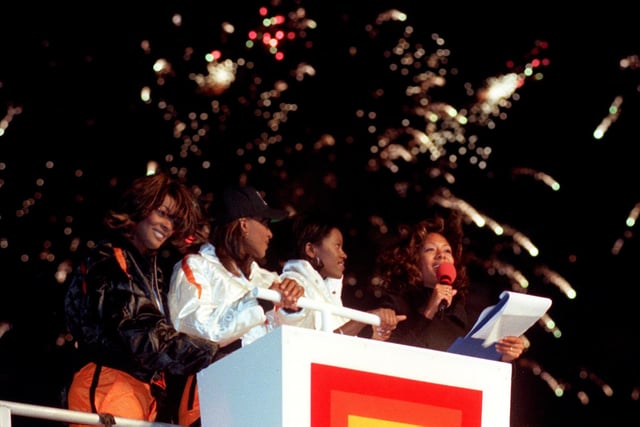 Pop group Eternal light up the 1996 Blackpool Illuminations with a bang with the help of Radio 1 DJ Lisa L'Anson at a packed Talbot Square