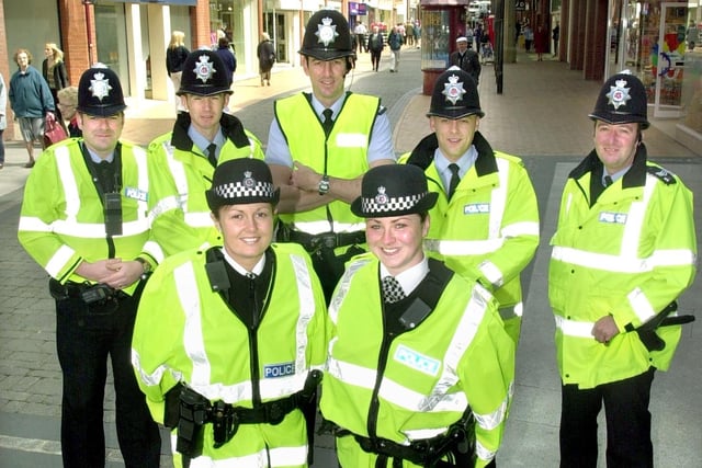Additional police officers were drafted in to patrol the town centre in 2001. Pictured on Victoria Street are from left: Mick Ginn, Darren Hale, Gary Cross,  Carl Harris and Neil Cookson. Front Lorna Nolan (left) and Lisa Griffin
