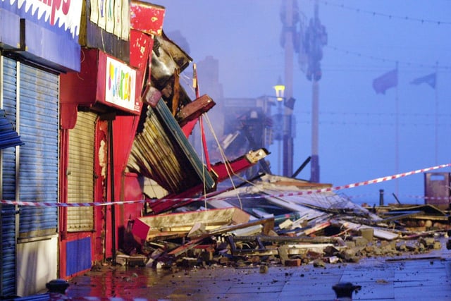 A collapsed building in the alleyway next to Grab City on Blackpool Promenade
