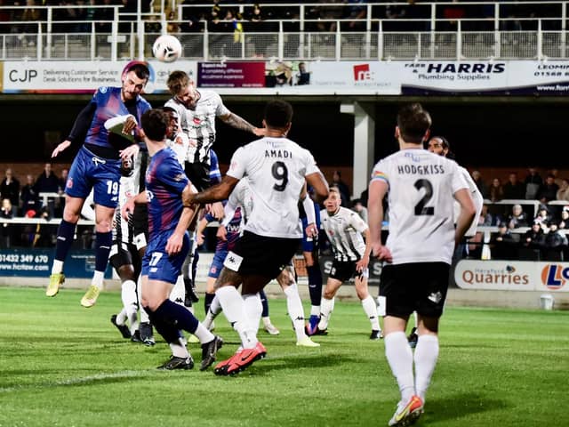 Luke Charman rises highest for Fylde at Hereford  Picture: STEVE MCLELLAN