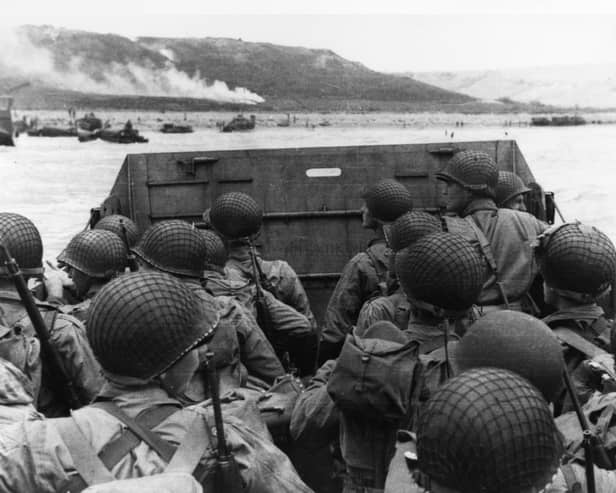 A landing craft approaching Omaha Beach on D-Day, June 6 1944, a scene that the film Saving Private Ryan re-created.