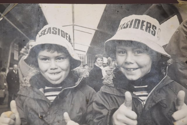 Blackpool FC fans Andrew Fletcher and David Fletcher wearing their hats to the West Brom match in 1978