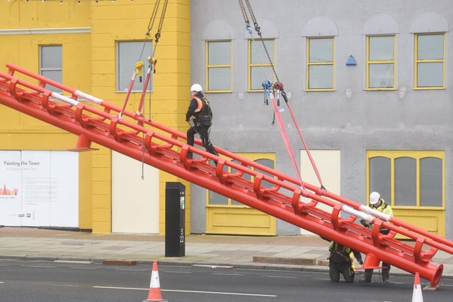 Pieces of new track for the Big One rollercoaster at Blackpool Pleasure Beach are put into place