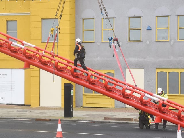 Pieces of new track for the Big One rollercoaster at Blackpool Pleasure Beach are put into place